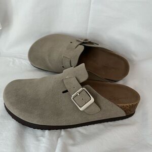 Beige Suede Clogs with Buckle